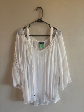 I.N. Studio White Sheer V-Neck Blouse with Tie